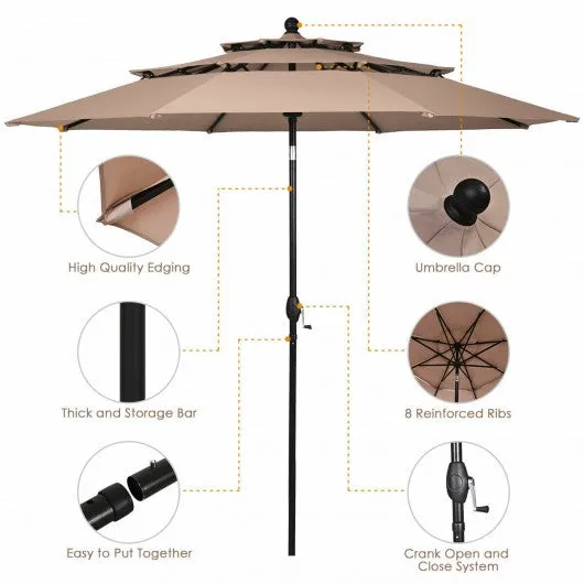10ft 3 Tier Patio Umbrella Aluminum Sunshade Shelter Double Vented-Beige