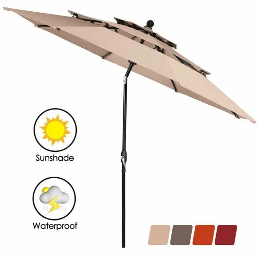 10ft 3 Tier Patio Umbrella Aluminum Sunshade Shelter Double Vented-Beige