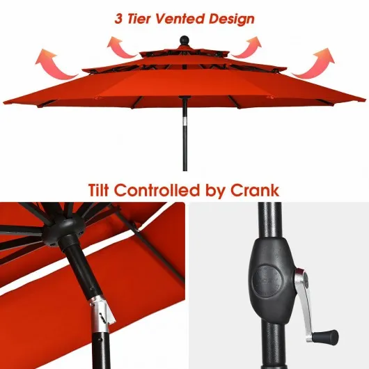 10ft 3 Tier Patio Umbrella Aluminum Sunshade Shelter Double Vented-Red