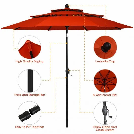 10ft 3 Tier Patio Umbrella Aluminum Sunshade Shelter Double Vented-Red