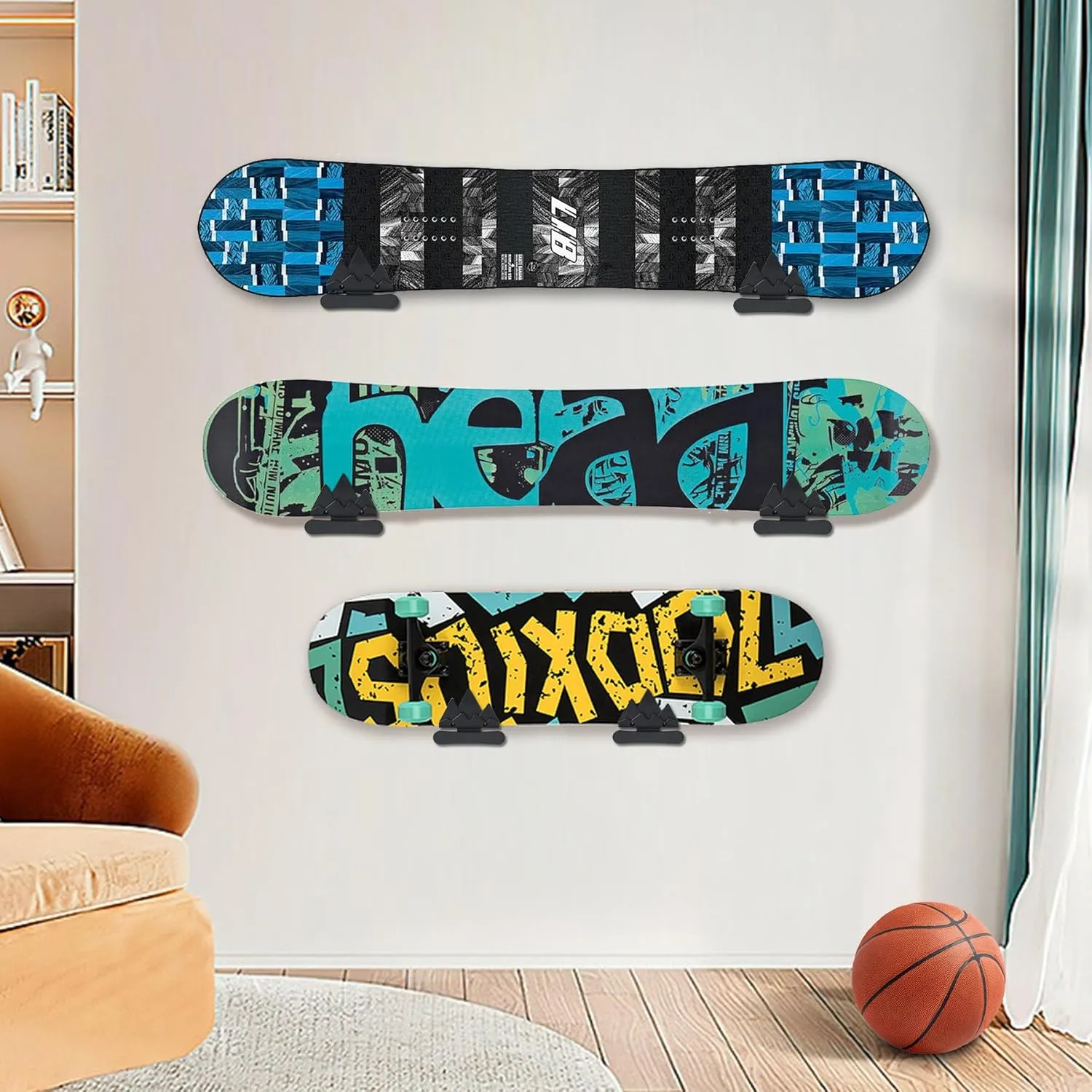 2pcs Snowboard Wall Mount with Hooks, Snowboard Skateboard Hanging Wall Rack, Garage Storage Brackets, Snowboard Display Stand, Wall Art (BlackWhite)