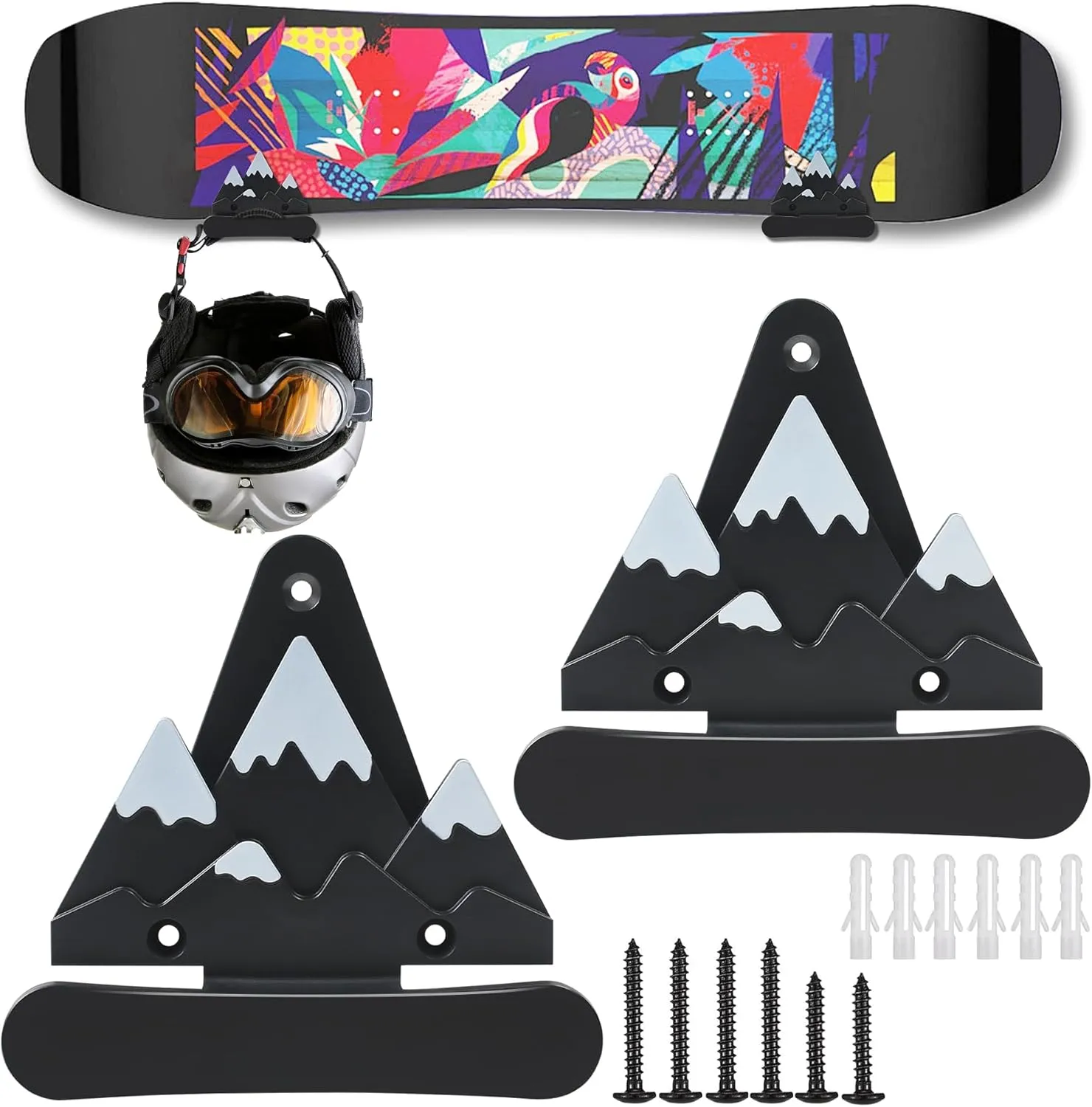 2pcs Snowboard Wall Mount with Hooks, Snowboard Skateboard Hanging Wall Rack, Garage Storage Brackets, Snowboard Display Stand, Wall Art (BlackWhite)