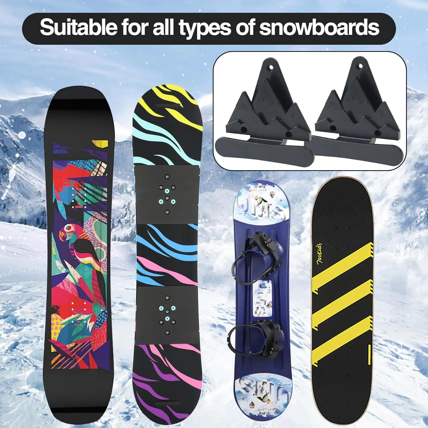 2pcs Snowboard Wall Mount with Hooks, Snowboard Skateboard Hanging Wall Rack, Garage Storage Brackets, Snowboard Display Stand, Wall Art (BlackWhite)