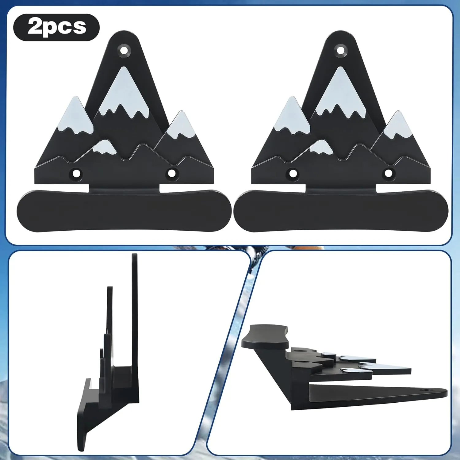 2pcs Snowboard Wall Mount with Hooks, Snowboard Skateboard Hanging Wall Rack, Garage Storage Brackets, Snowboard Display Stand, Wall Art (BlackWhite)