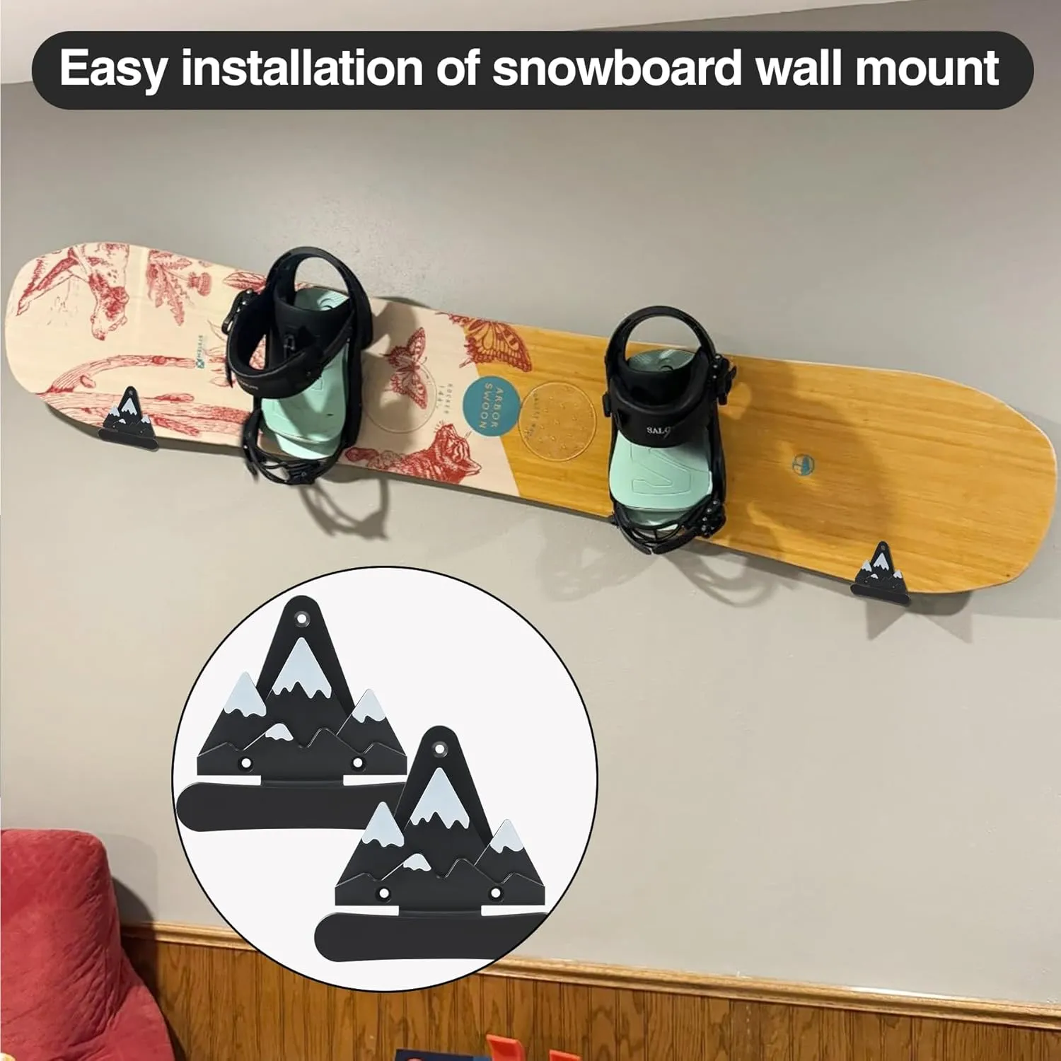 2pcs Snowboard Wall Mount with Hooks, Snowboard Skateboard Hanging Wall Rack, Garage Storage Brackets, Snowboard Display Stand, Wall Art (BlackWhite)