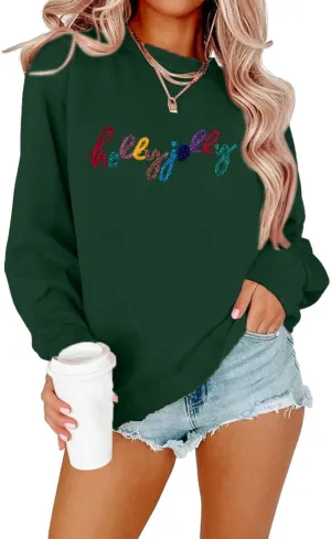 ASTANFY Christmas Sequins Sweatshirts Women Jolly Glitter Patch Crewneck Sweater Xmas Long Sleeve Pullover Top