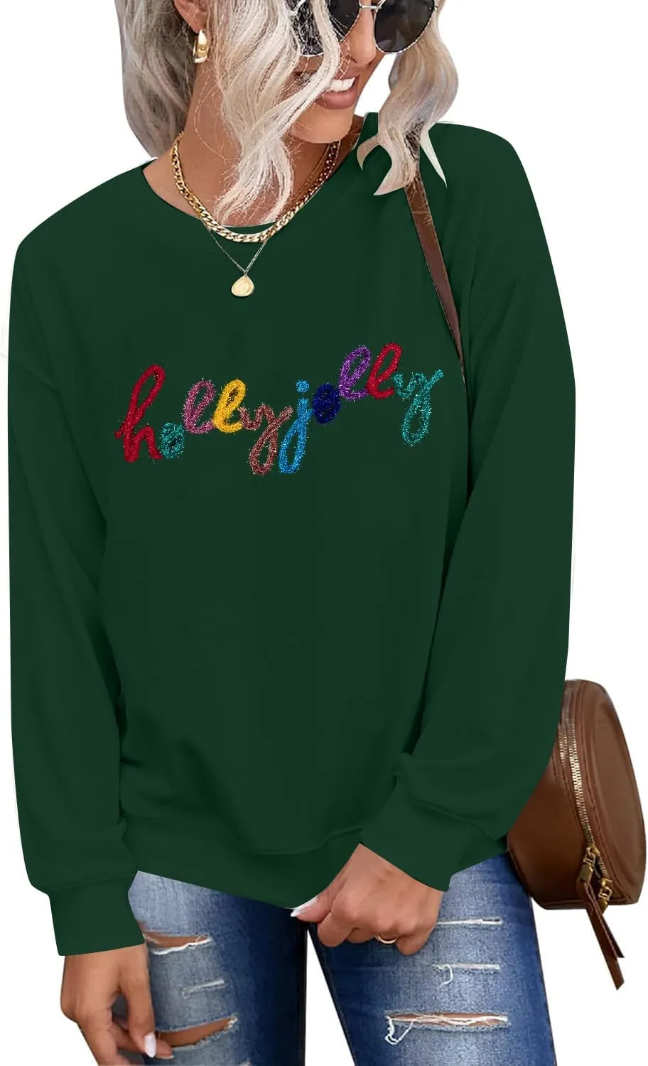 ASTANFY Christmas Sequins Sweatshirts Women Jolly Glitter Patch Crewneck Sweater Xmas Long Sleeve Pullover Top