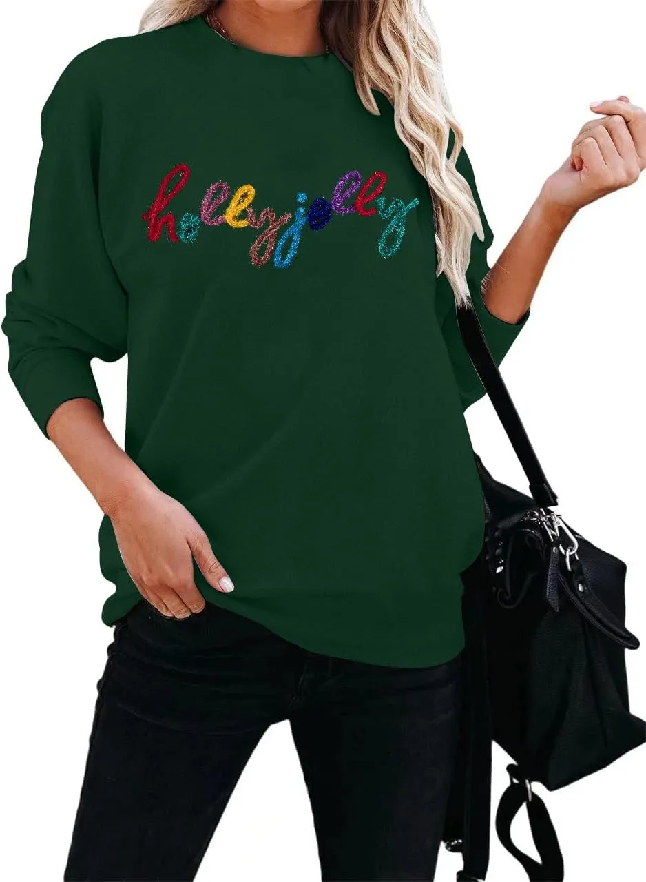 ASTANFY Christmas Sequins Sweatshirts Women Jolly Glitter Patch Crewneck Sweater Xmas Long Sleeve Pullover Top