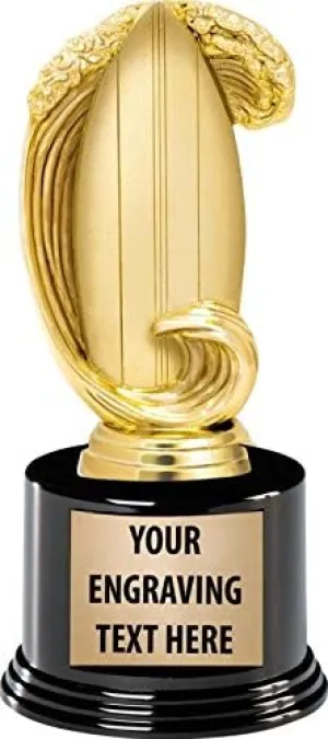 Crown Awards Surfing Trophies with Custom Engraving, 7.25" Personalized Gold Surfboard with Wave Surfing Award Trophy On Deluxe Round Base Prime