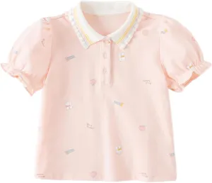 DAVE&BELLA Girls Short Sleeve Polo Shirts Quick Dry Ruffle Golf Tennis T Shirts Rabbit Print School Uniform Tops for Aged 1-8