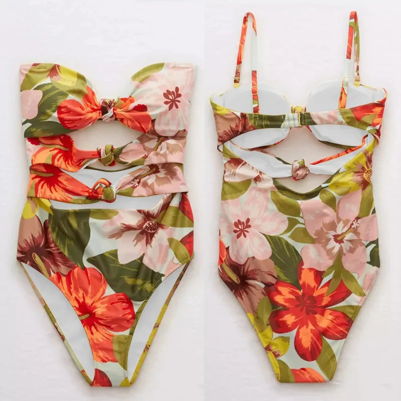 Flattering Floral Print High Cut One-Piece Summer Swimsuits