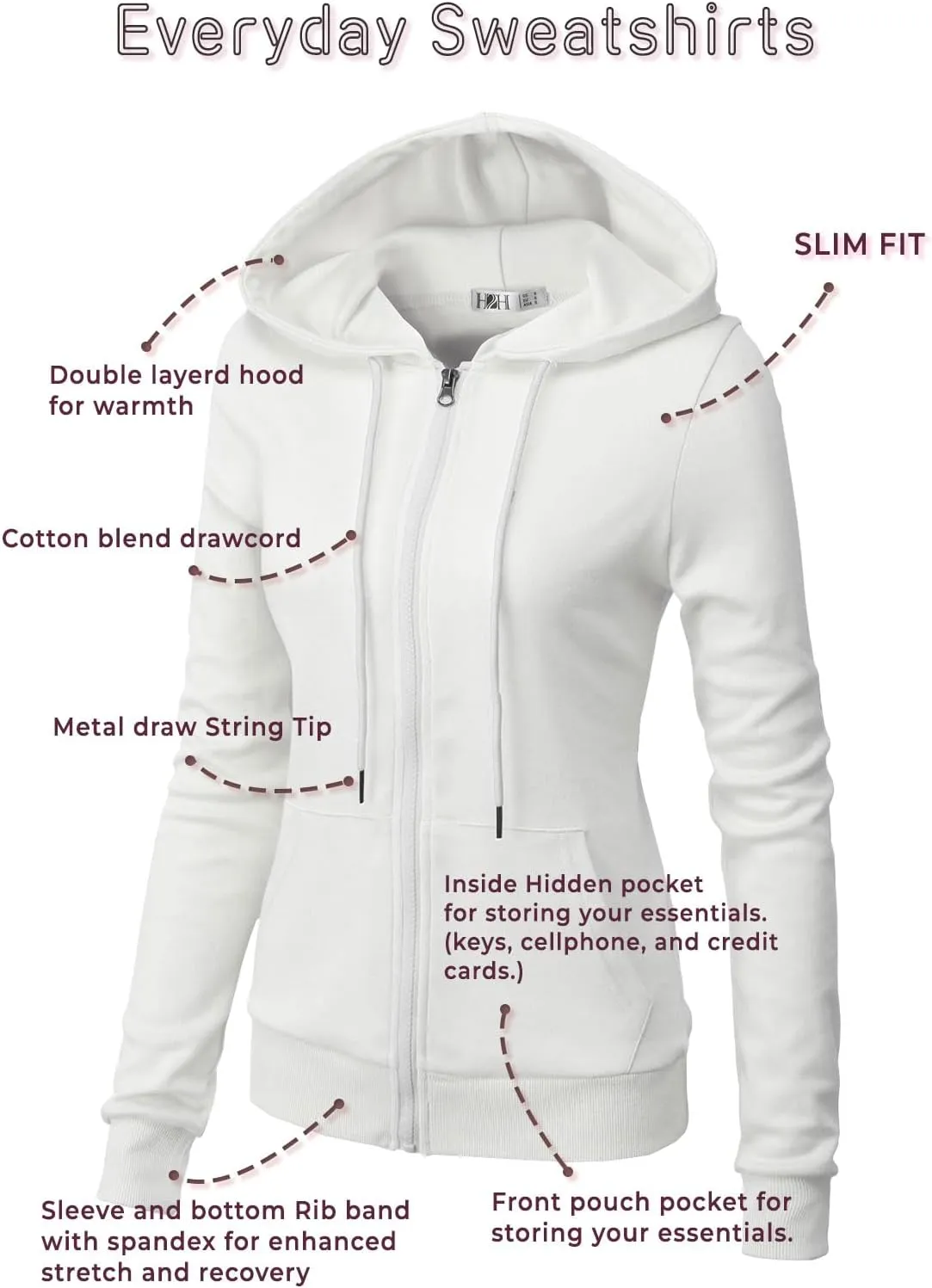 H2H Women's Slim Fit Zip Up & Pullover Hoodie Lightweight Long Sleeve Kangaroo Pocket Basic Casual Sweatshirt