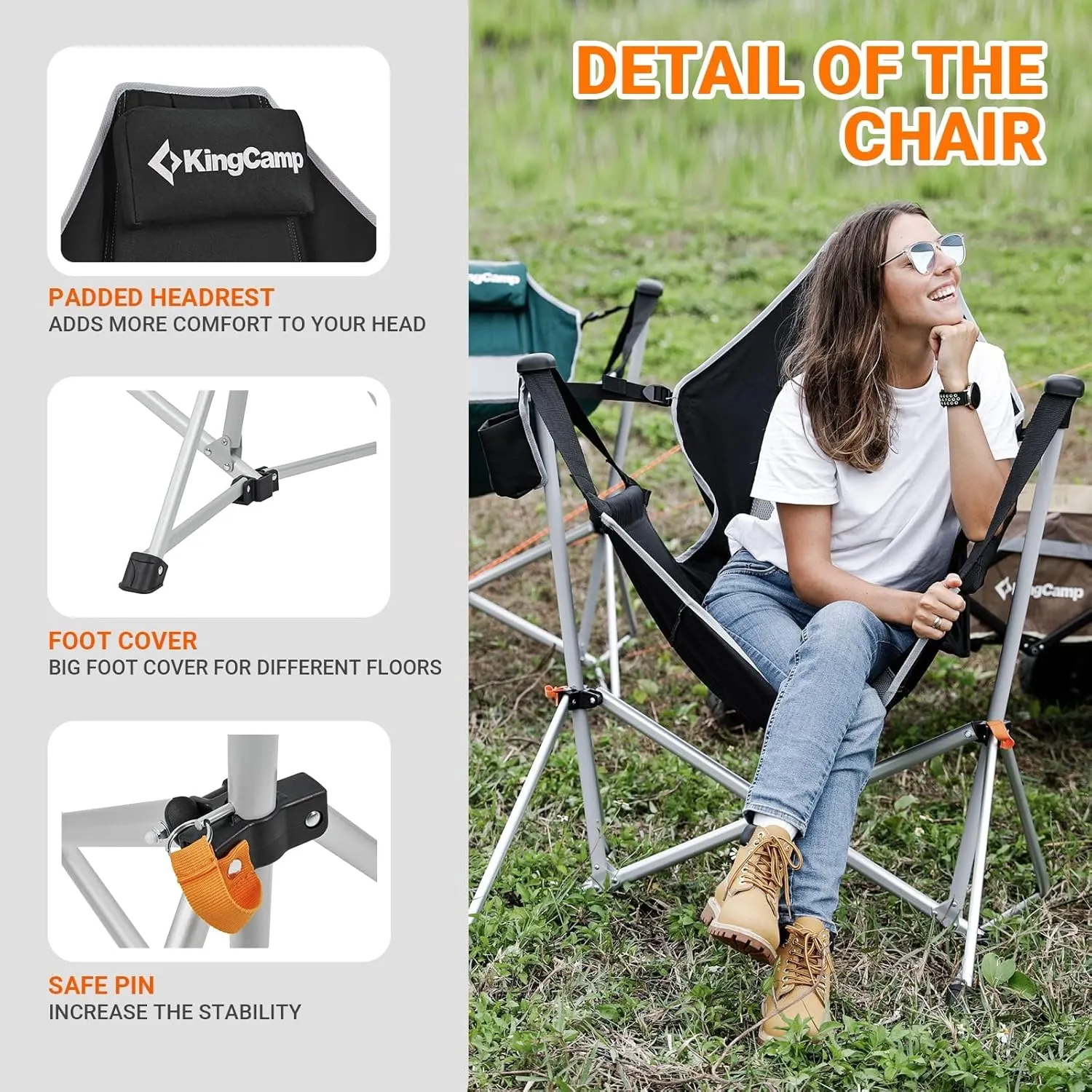KingCamp Hammock Chair with Footrest, Swinging Portable Folding Camping Chairs for Adults 400lbs Heavy Duty Foldable Oversized Rocker with Cup Holder Pillow for Outdoor Beach Patio Sport Lawn