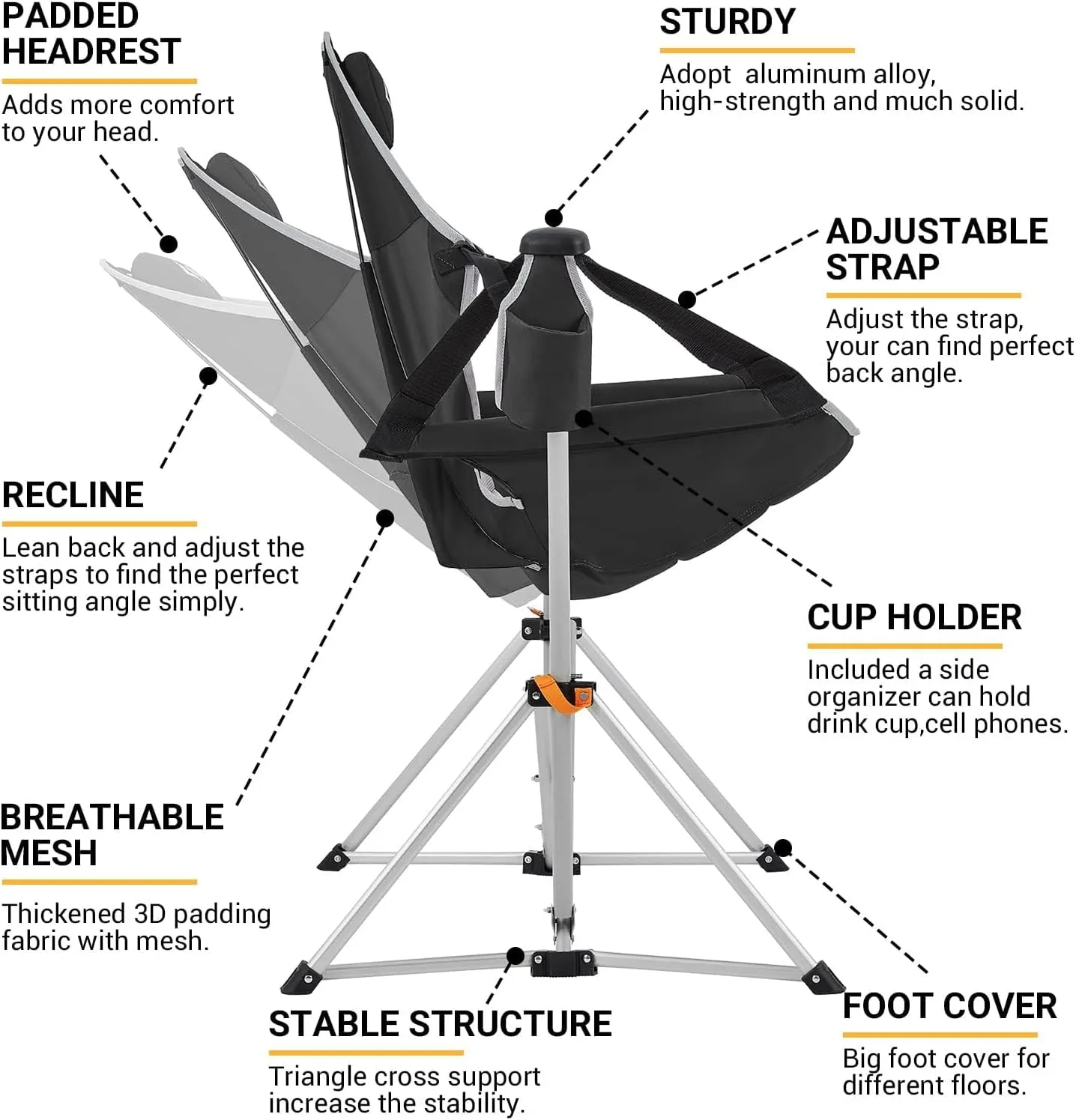 KingCamp Hammock Chair with Footrest, Swinging Portable Folding Camping Chairs for Adults 400lbs Heavy Duty Foldable Oversized Rocker with Cup Holder Pillow for Outdoor Beach Patio Sport Lawn