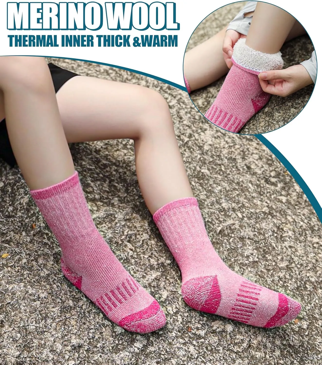 LINEMIN Kids Merino Wool Hiking Socks Boys Girls Winter Warm Thick Thermal Boot Thick Cushion Snowboarding Socks 3 Pairs