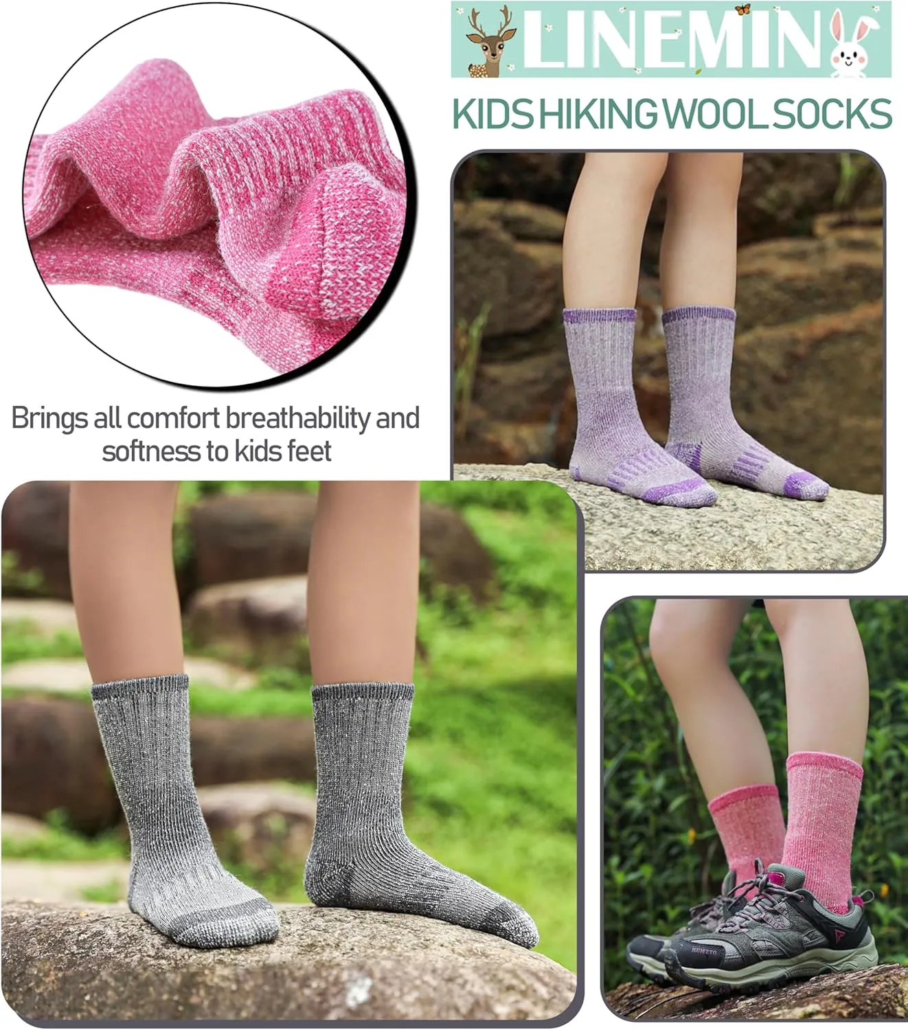 LINEMIN Kids Merino Wool Hiking Socks Boys Girls Winter Warm Thick Thermal Boot Thick Cushion Snowboarding Socks 3 Pairs