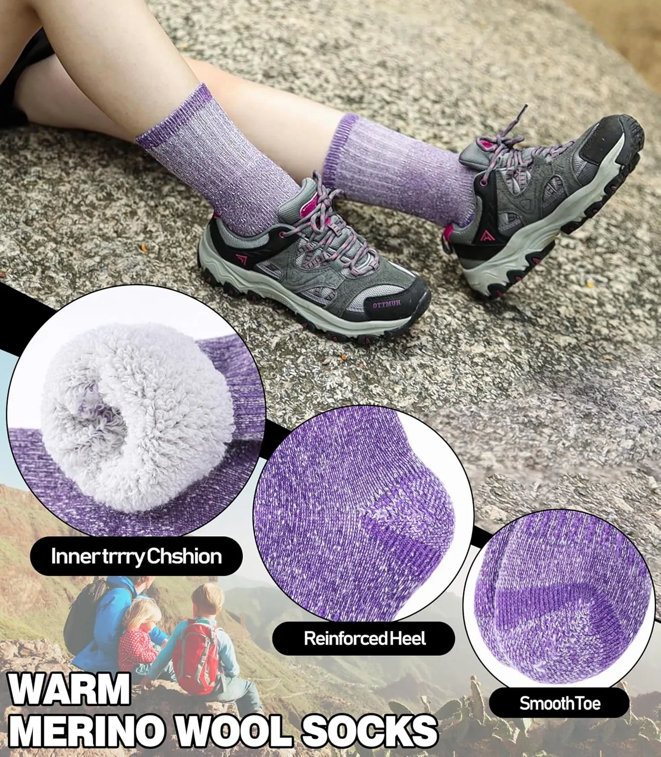 LINEMIN Kids Merino Wool Hiking Socks Boys Girls Winter Warm Thick Thermal Boot Thick Cushion Snowboarding Socks 3 Pairs