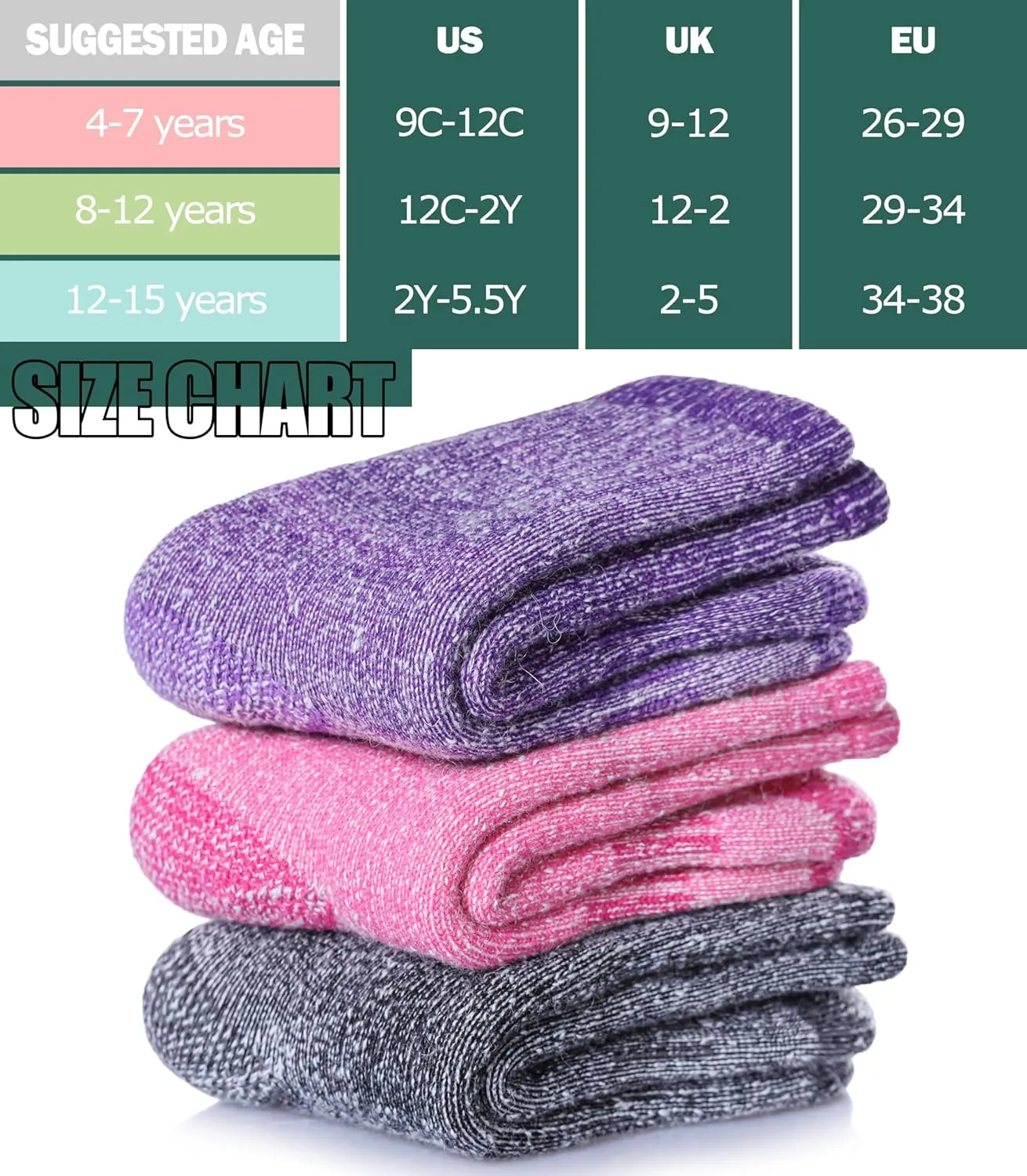 LINEMIN Kids Merino Wool Hiking Socks Boys Girls Winter Warm Thick Thermal Boot Thick Cushion Snowboarding Socks 3 Pairs