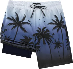 Men Swim Trunks with Compresssion Liner 7 Inch Inseam Board Shorts 2-in-1 Bathing Suit with Zipper Pockets