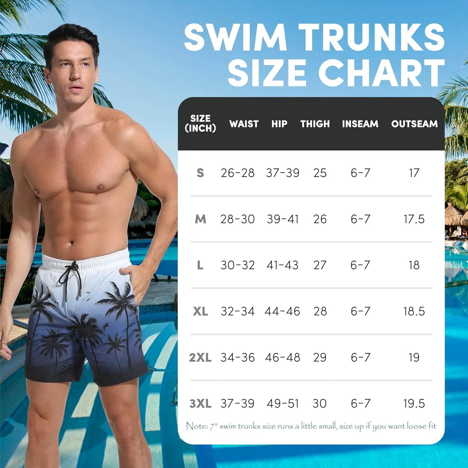 Men Swim Trunks with Compresssion Liner 7 Inch Inseam Board Shorts 2-in-1 Bathing Suit with Zipper Pockets