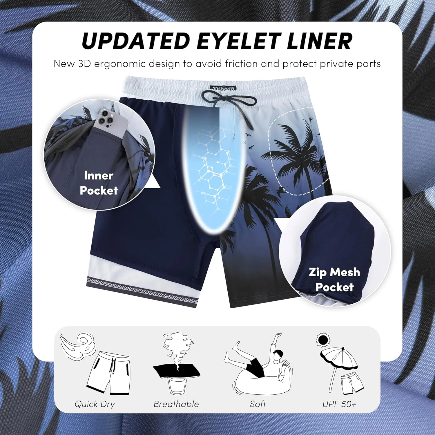 Men Swim Trunks with Compresssion Liner 7 Inch Inseam Board Shorts 2-in-1 Bathing Suit with Zipper Pockets
