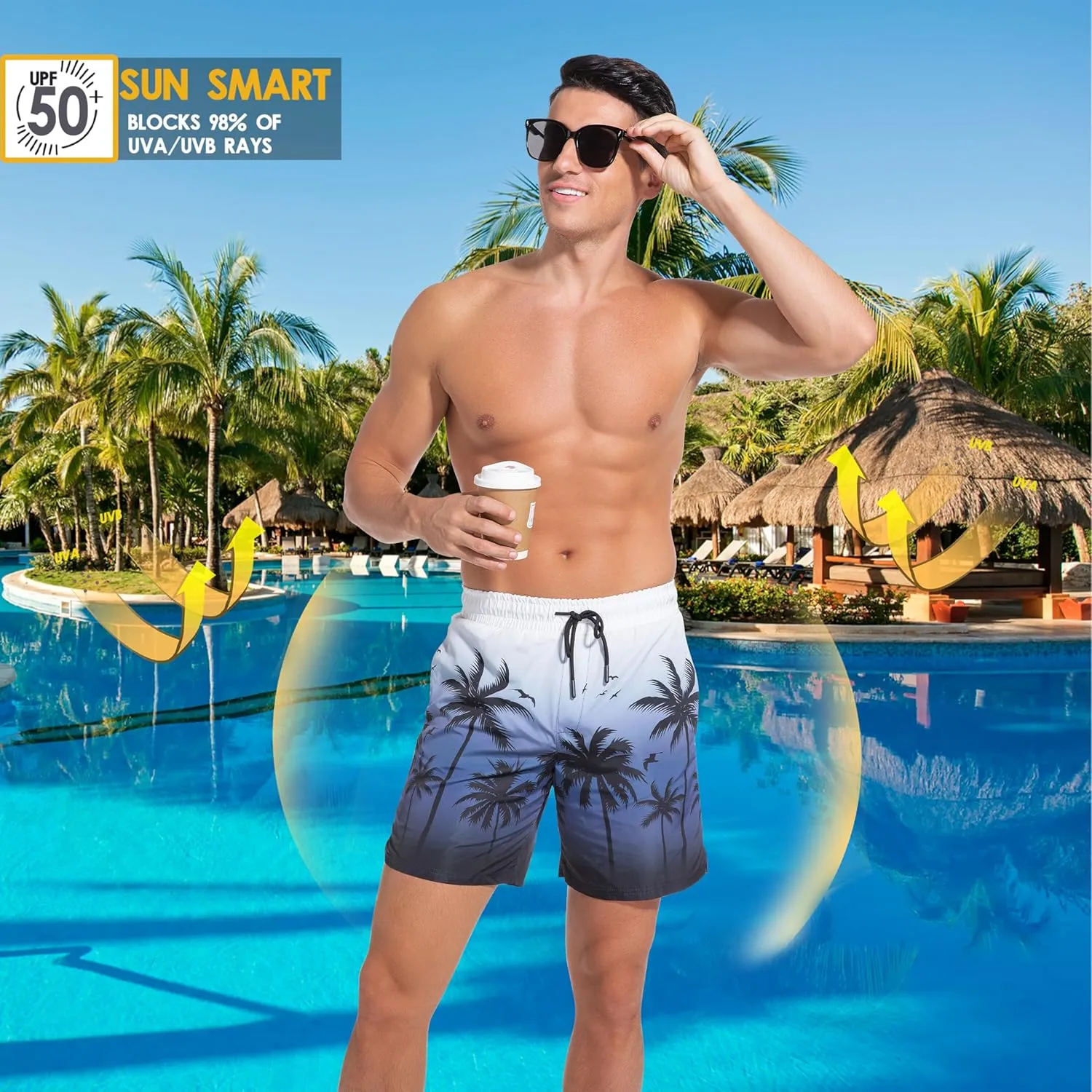 Men Swim Trunks with Compresssion Liner 7 Inch Inseam Board Shorts 2-in-1 Bathing Suit with Zipper Pockets