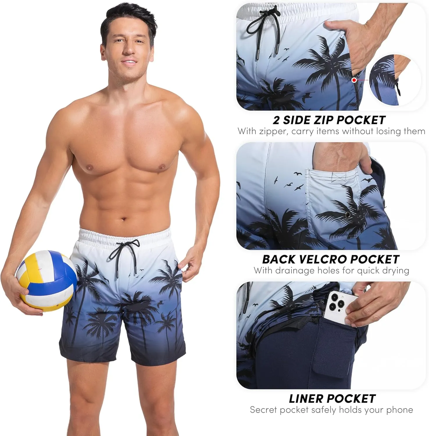 Men Swim Trunks with Compresssion Liner 7 Inch Inseam Board Shorts 2-in-1 Bathing Suit with Zipper Pockets