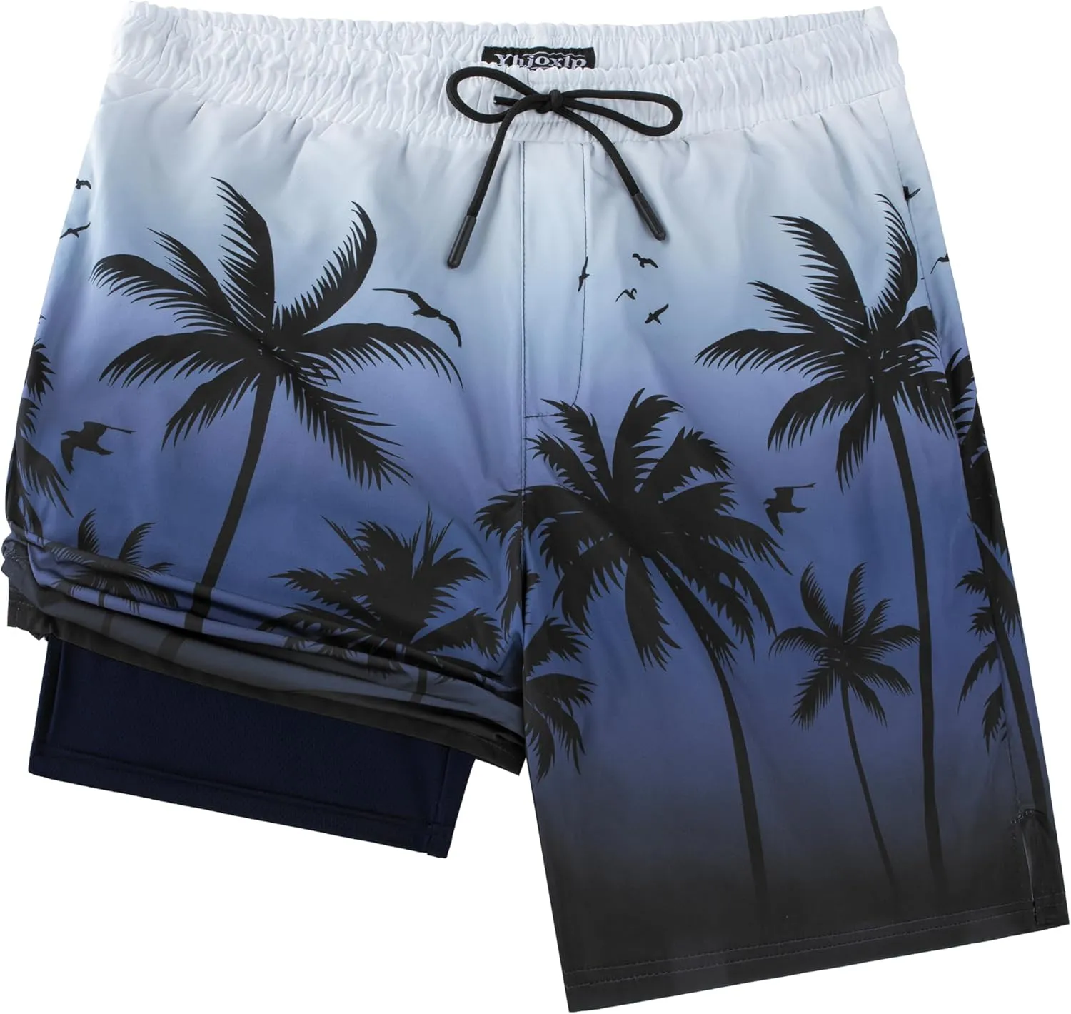 Men Swim Trunks with Compresssion Liner 7 Inch Inseam Board Shorts 2-in-1 Bathing Suit with Zipper Pockets