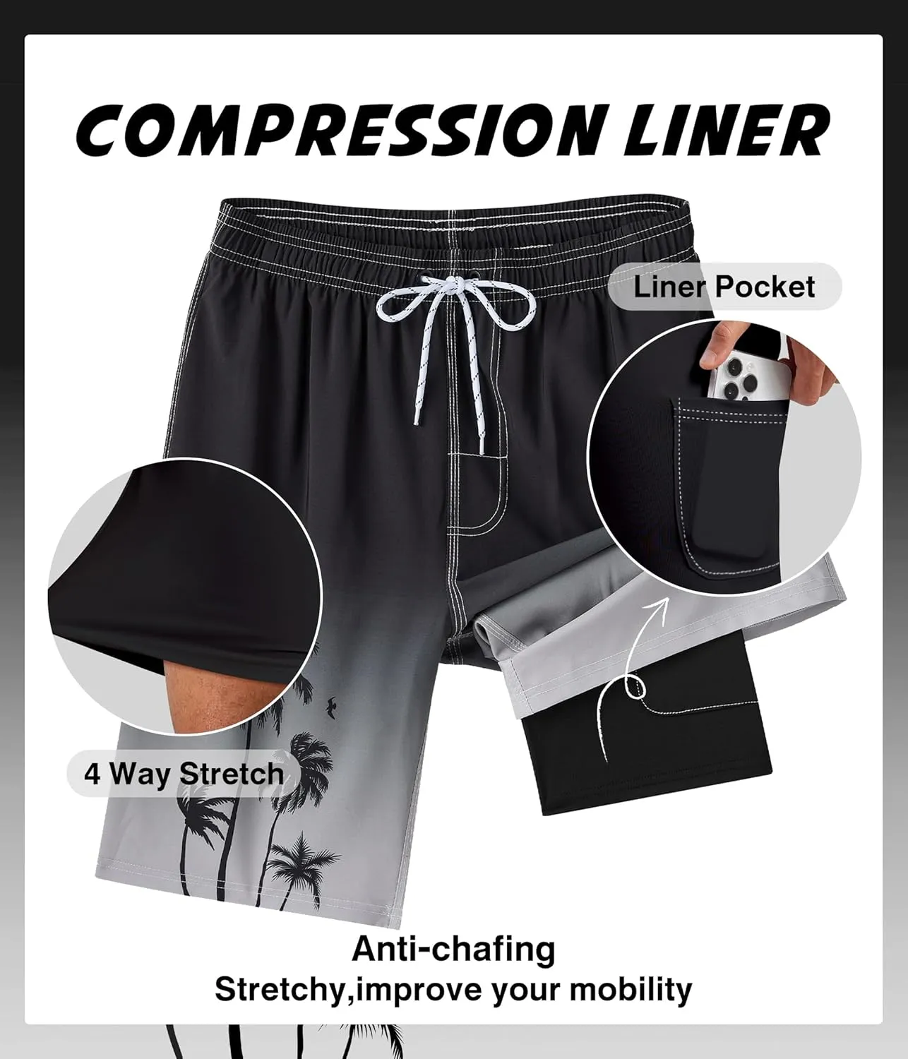 Mens Swim Trunks with Compression Liner 9" Swim Trunks Quick Dry Surfing Beach Shorts Hawaii Sports Shorts