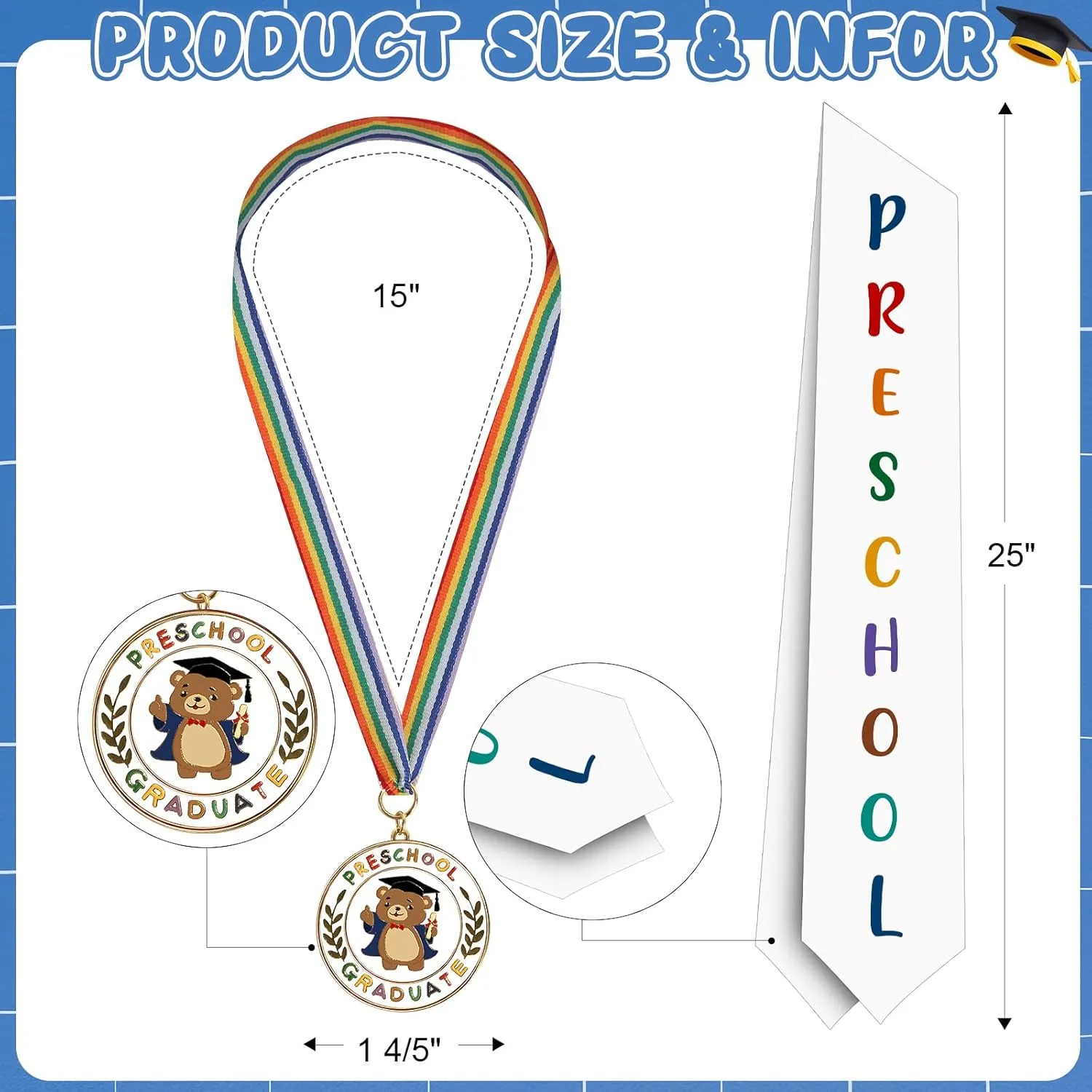 Metal Graduation Medal with Graduation Honor Stole Sash, Grad Award Medals with Lightweight Neck Ribbon, Grad Gift Party Favor Supplies