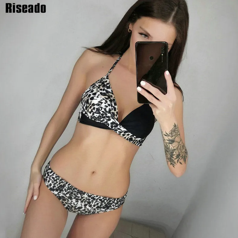 RISEADO  Halter Push-up Top Bikini Swimsuit Set with Tropical Leaf Print for Women