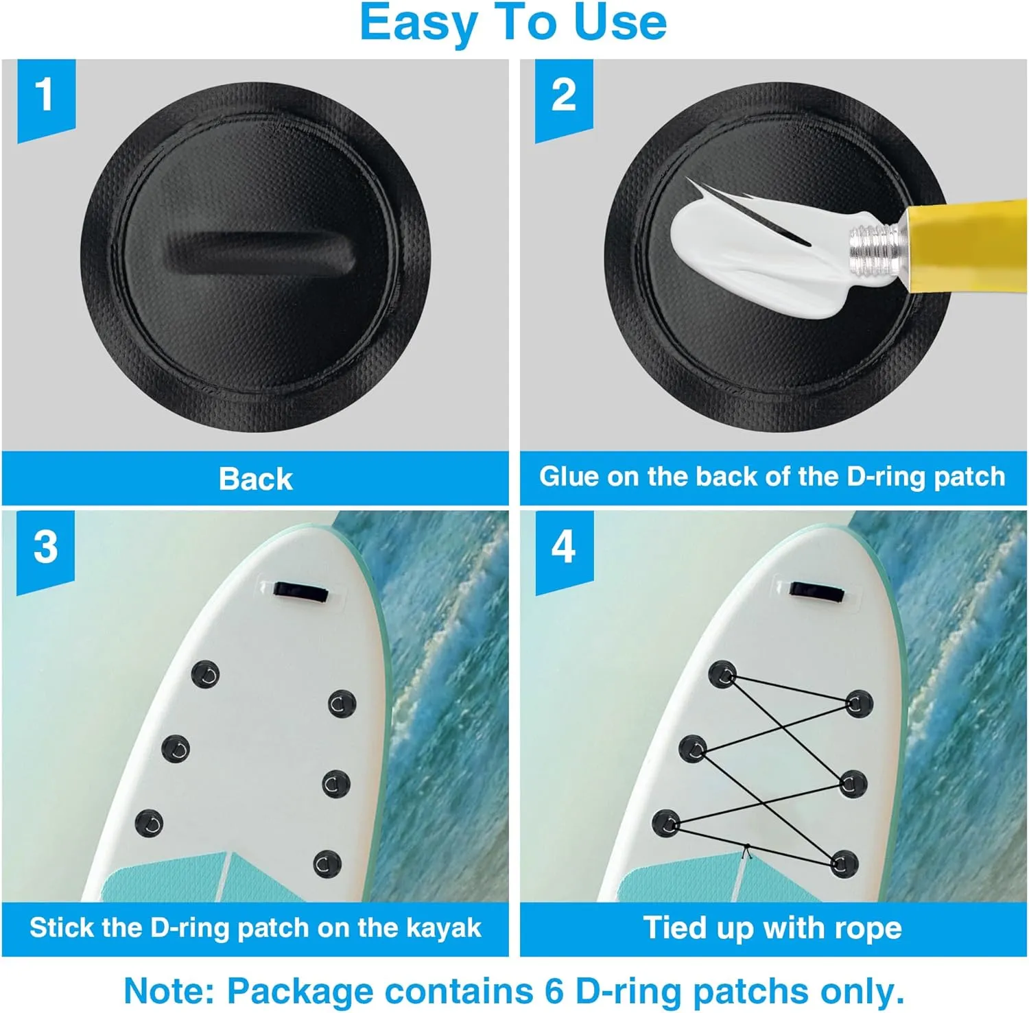 Stainless Steel D-Ring Patch Kit, PVC Paddle Board D-Rings for Kayak, Inflatable Boat, Caneo, SUP, No Glue Included, Water-Proof