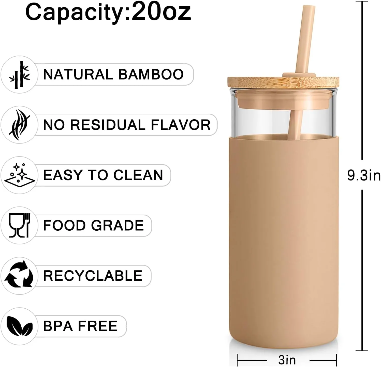 Tronco 20 oz Glass Tumbler with Lid and Straw, Reusable Iced Coffee Cup with Silicone Sleeve & Bamboo Lid, Smoothie Cup for Home,Office, for Father Men Day Gift from Wife Daughter Son (Blackish Green)