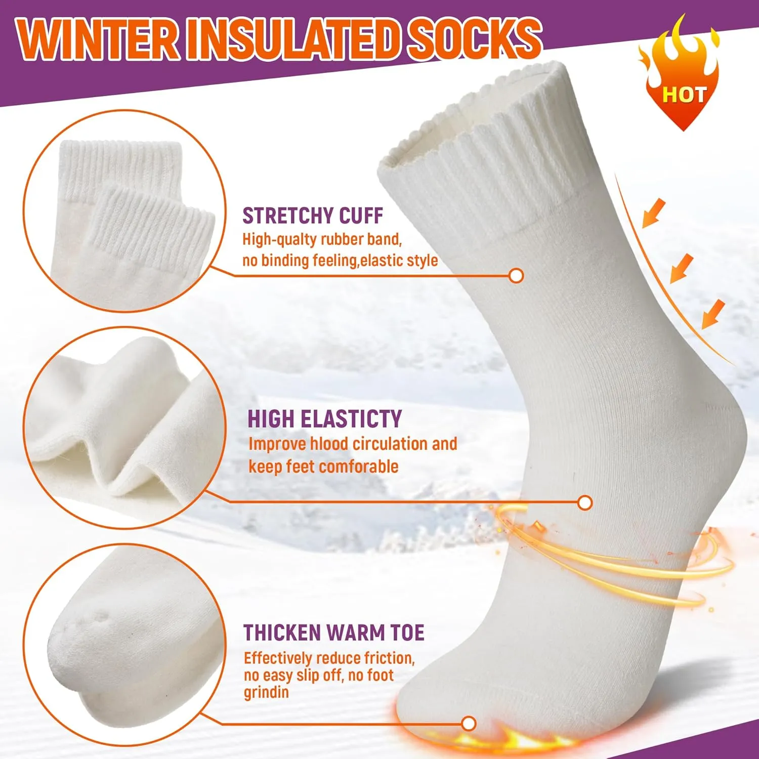 Women Heated Socks Ski Winter Thermal Hiking Snowboarding Thick Boot Insulated Socks 3 Pairs