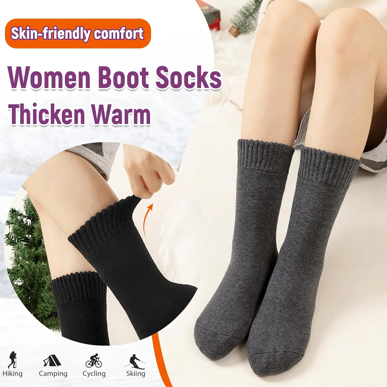 Women Heated Socks Ski Winter Thermal Hiking Snowboarding Thick Boot Insulated Socks 3 Pairs