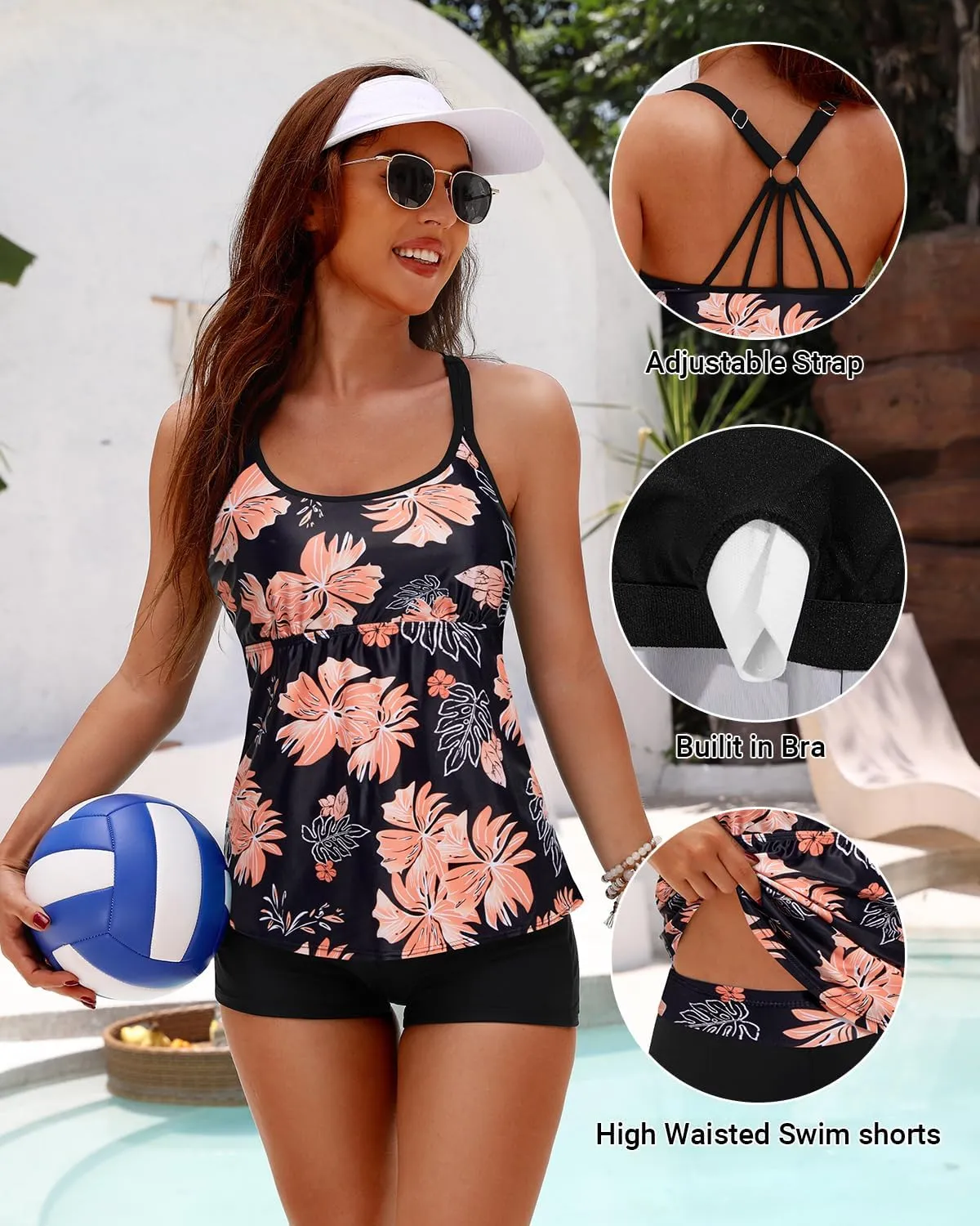 Yonique Two Piece Tankini Swimsuits for Women with Shorts Tummy Control Bathing Suits Athletic Swimwear